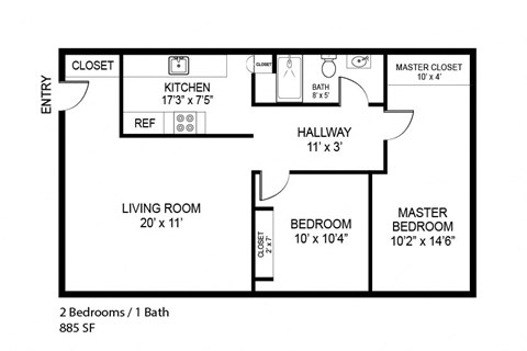 Floor plan for 2 beds, 1 bath, 880 sqft