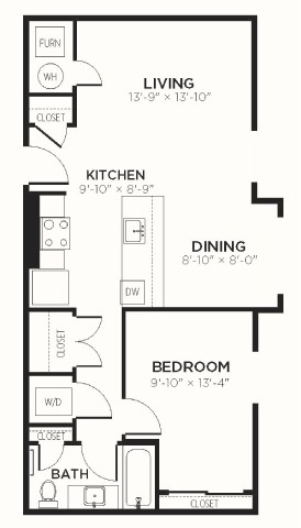 Floor plan for 1 bed, 1 bath, 750 sqft