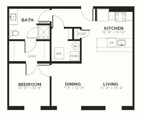 Floor plan for 1 bed, 1 bath, 784 sqft