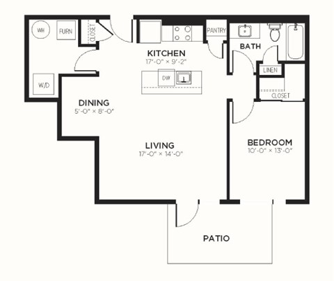 Floor plan for 1 bed, 1 bath, 843 sqft