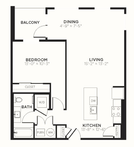Floor plan for 1 bed, 1 bath, 880 sqft