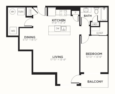 Floor plan for 1 bed, 1 bath, 884 sqft