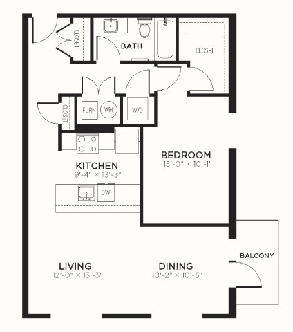 Floor plan for 1 bed, 1 bath, 890 sqft