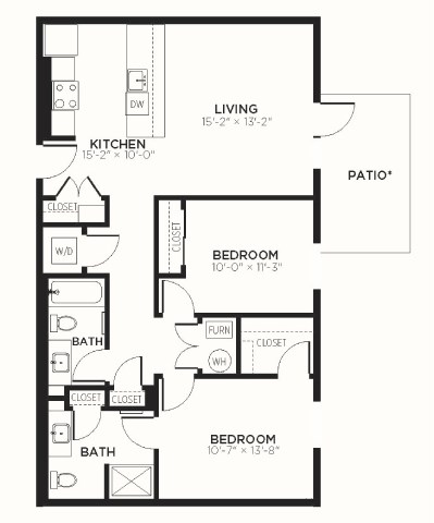 Floor plan for 2 beds, 2 baths, 1088 sqft