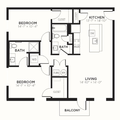 Floor plan for 2 beds, 2 baths, 1102 sqft