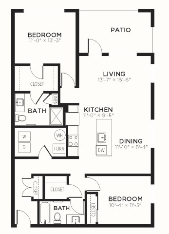 Floor plan for 2 beds, 2 baths, 1254 sqft