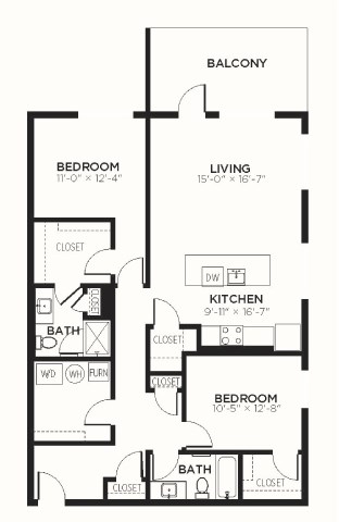 Floor plan for 2 beds, 2 baths, 1304 sqft