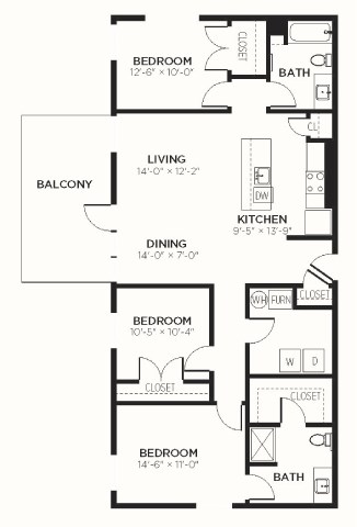 Floor plan for 3 beds, 2 baths, 1373 sqft