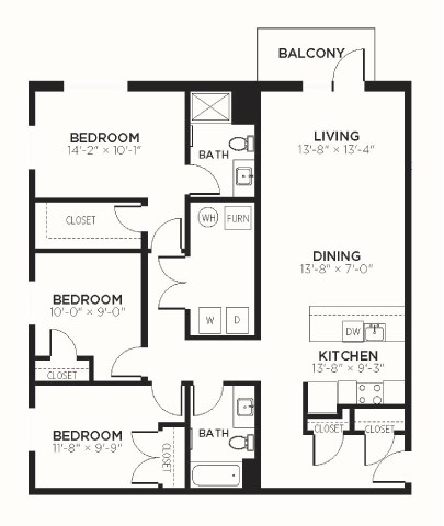 Floor plan for 3 beds, 2 baths, 1388 sqft