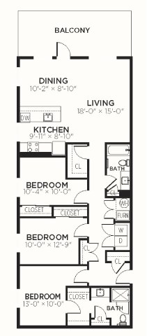 Floor plan for 3 beds, 2 baths, 1482 sqft