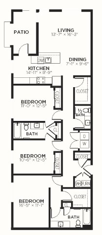 Floor plan for 3 beds, 2.5 baths, 1588 sqft