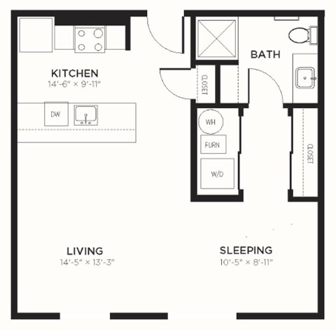 Floor plan for studio, 1 bath, 648 sqft