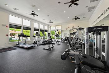 The gym is equipped with state of the art gym equipment and windows