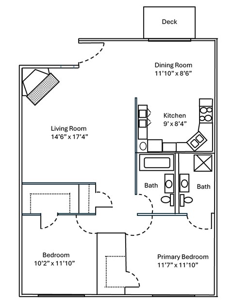 Floor plan for 2 beds, 2 baths, 1025 sqft
