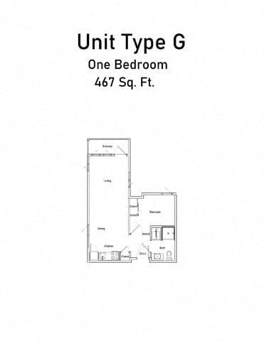 Floor plan for 1 bed, 1 bath, 467 sqft