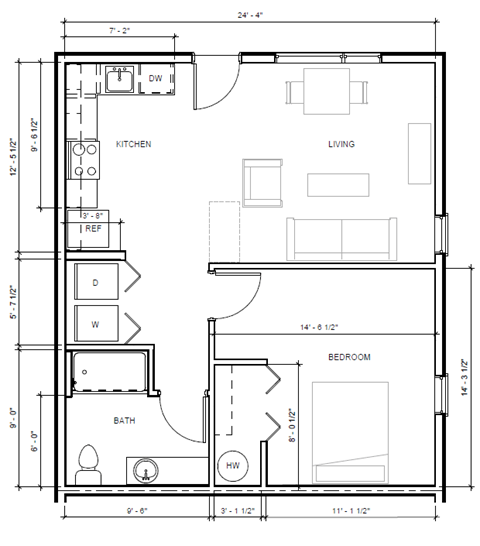 Floor plan for 1 bed, 1 bath, 612 sqft