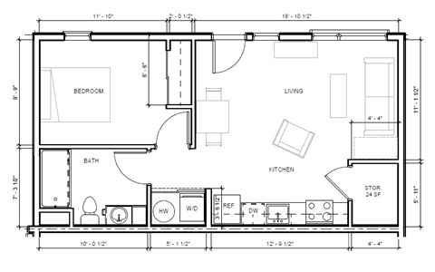 Floor plan for 1 bed, 1 bath, 713 sqft