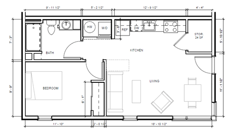Floor plan for 1 bed, 1 bath