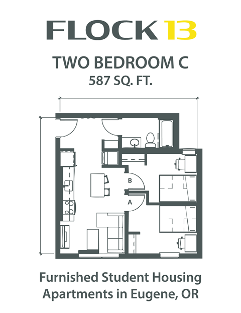 Floor plan for 2 beds, 1 bath, 587 sqft