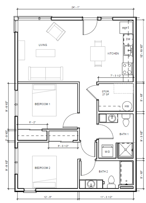 Floor plan for 2 beds, 2 baths