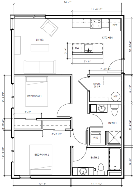 Floor plan for 2 beds, 2 baths
