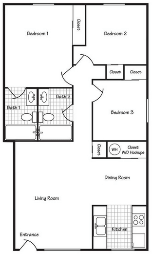 Floor plan for 3 beds, 2 baths, 1008 sqft