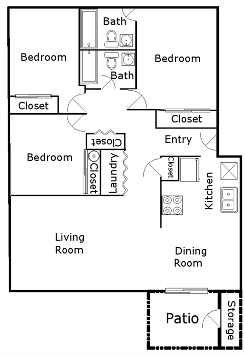 Floor plan for 3 beds, 2 baths, 1300 sqft