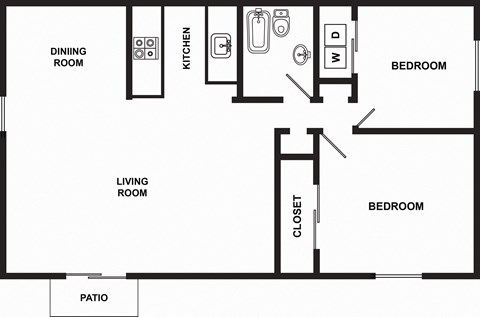 Floor plan for 2 beds, 1 bath, 800 sqft
