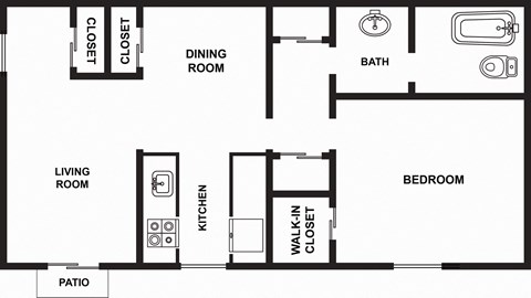 Floor plan for 1 bed, 1 bath, 650 sqft