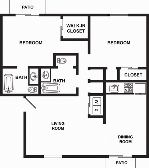 Floor plan for 2 beds, 2 baths, 950 sqft