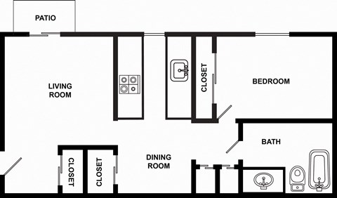 Floor plan for 1 bed, 1 bath, 600 sqft
