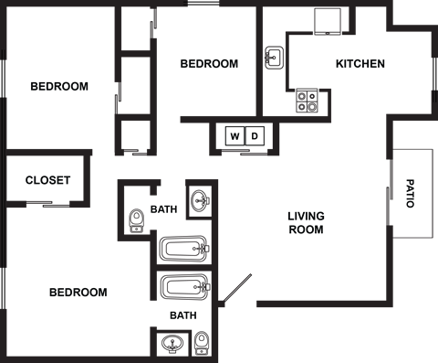 Floor plan for 3 beds, 2 baths, 1050 sqft
