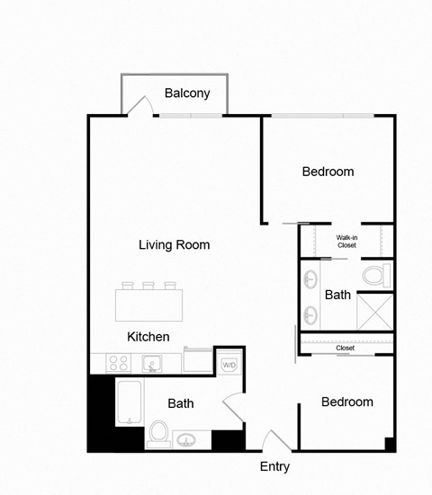 Floor plan for 2 beds, 2 baths, 1021 sqft