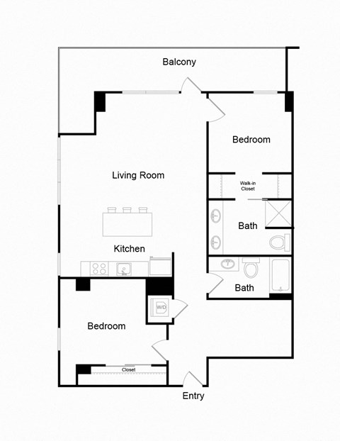 Floor plan for 2 beds, 2 baths, 1221 sqft
