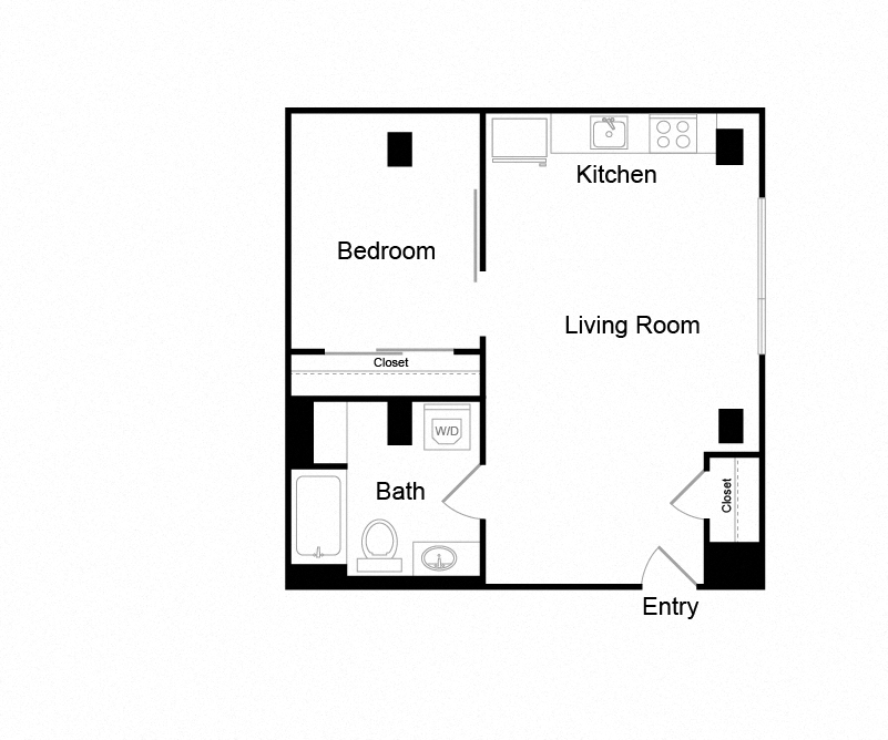 Floor plan for 1 bed, 1 bath, 621 sqft