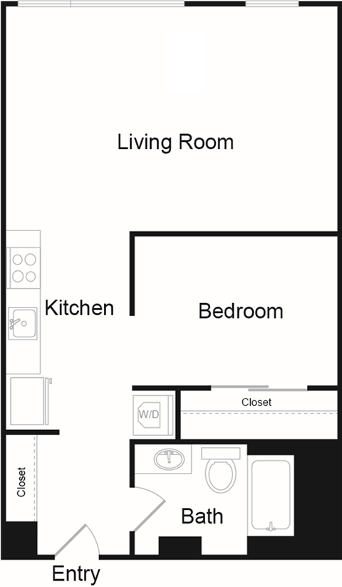 Floor plan for 1 bed, 1 bath, 567 sqft