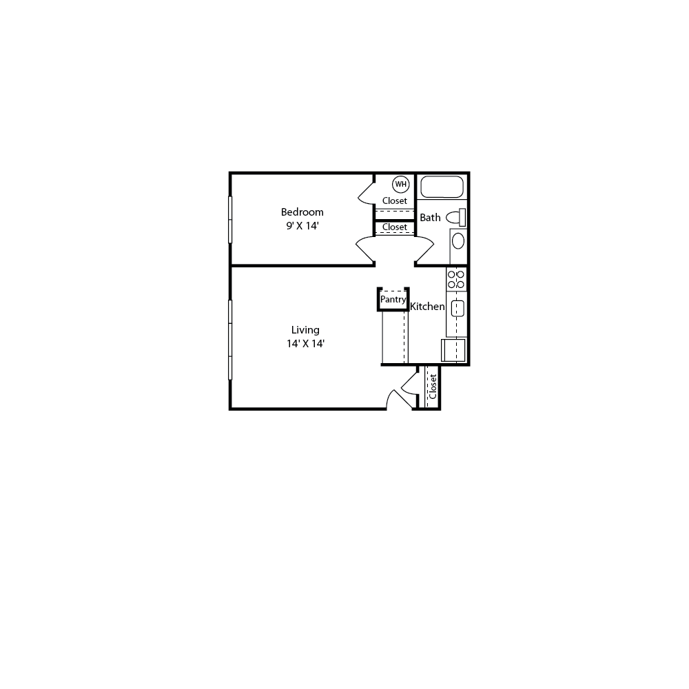 Floor plan for 1 bed, 1 bath, 570 sqft