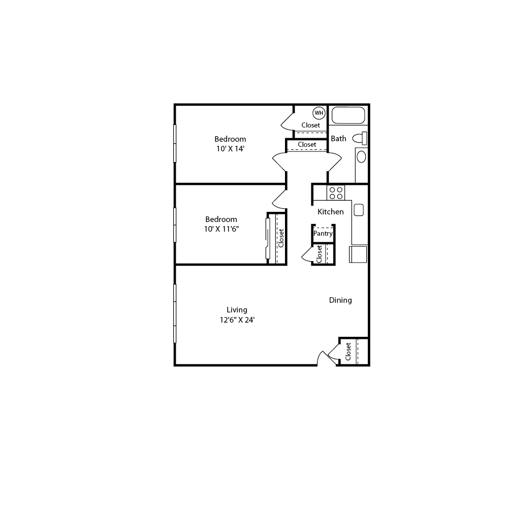 Floor plan for 2 beds, 1 bath, 900 sqft