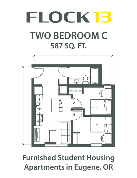 Floor plan for 2 beds, 1 bath, 587 sqft