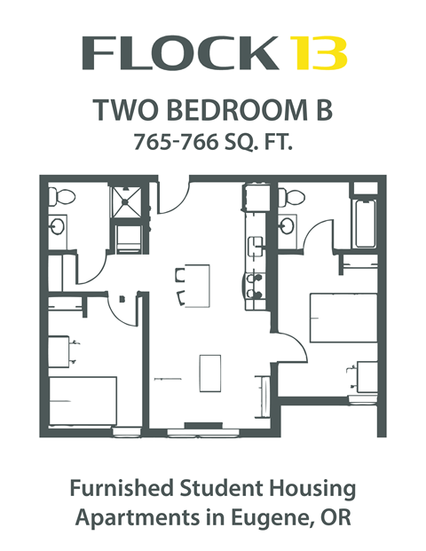 Floor plan for 2 beds, 2 baths, 766 sqft