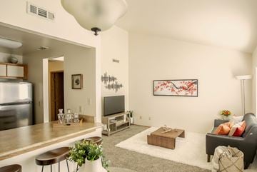 Talent apartment for rent - A living room with a grey couch and a painting on the wall.