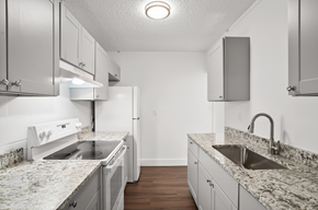 Hillsboro apartment for rent - an empty kitchen with granite counter tops and white appliances