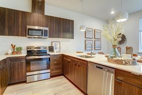 Albany apartment for rent - A modern kitchen with wooden cabinets and stainless steel appliances.