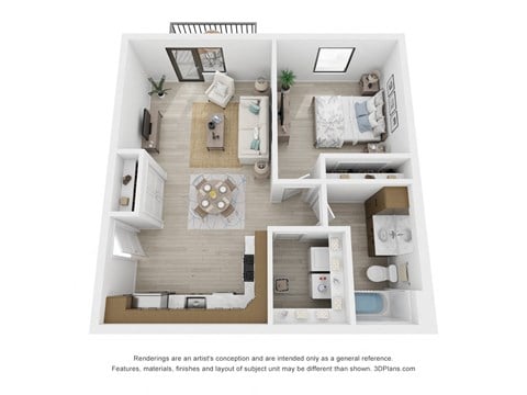 Floor plan for 1 bed, 1 bath, 729 sqft