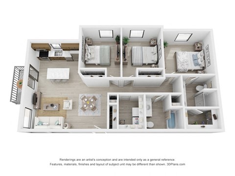 Floor plan for 3 beds, 2 baths, 1218 sqft
