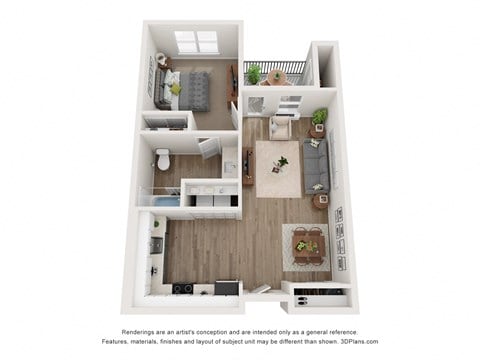 Floor plan for 1 bed, 1 bath, 664 sqft