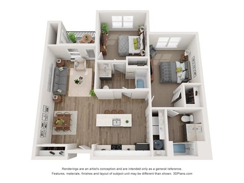Floor plan for 2 beds, 2 baths, 1121 sqft