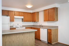 Eugene apartment for rent - A kitchen with wooden cabinets and a white dishwasher.
