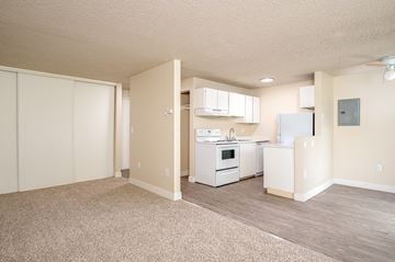 Pasco apartment for rent - A kitchen with white appliances and cabinets is in a room with a carpeted floor.