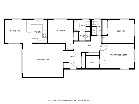 Floor plan for 3 beds, 1.5 baths, 1300 sqft